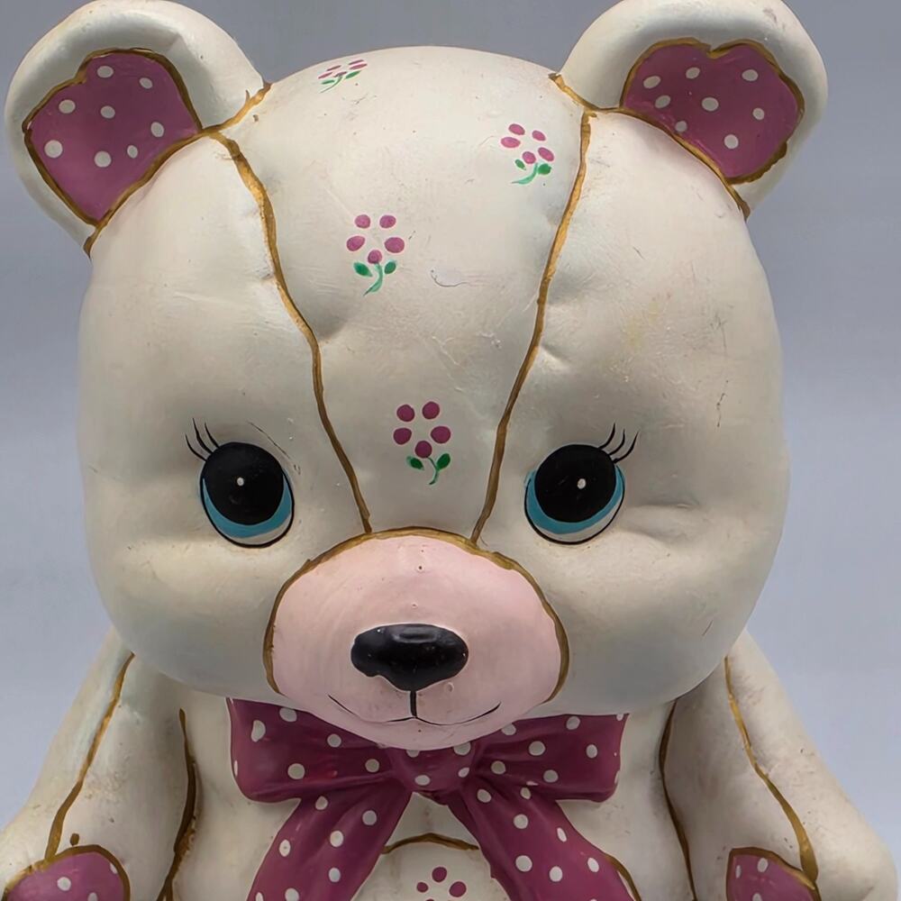 Vintage 1987 Lefton Teddy Bear Coin Bank Pink Floral Nursery Decor 6 Inch Flawed - Picture 3 of 14